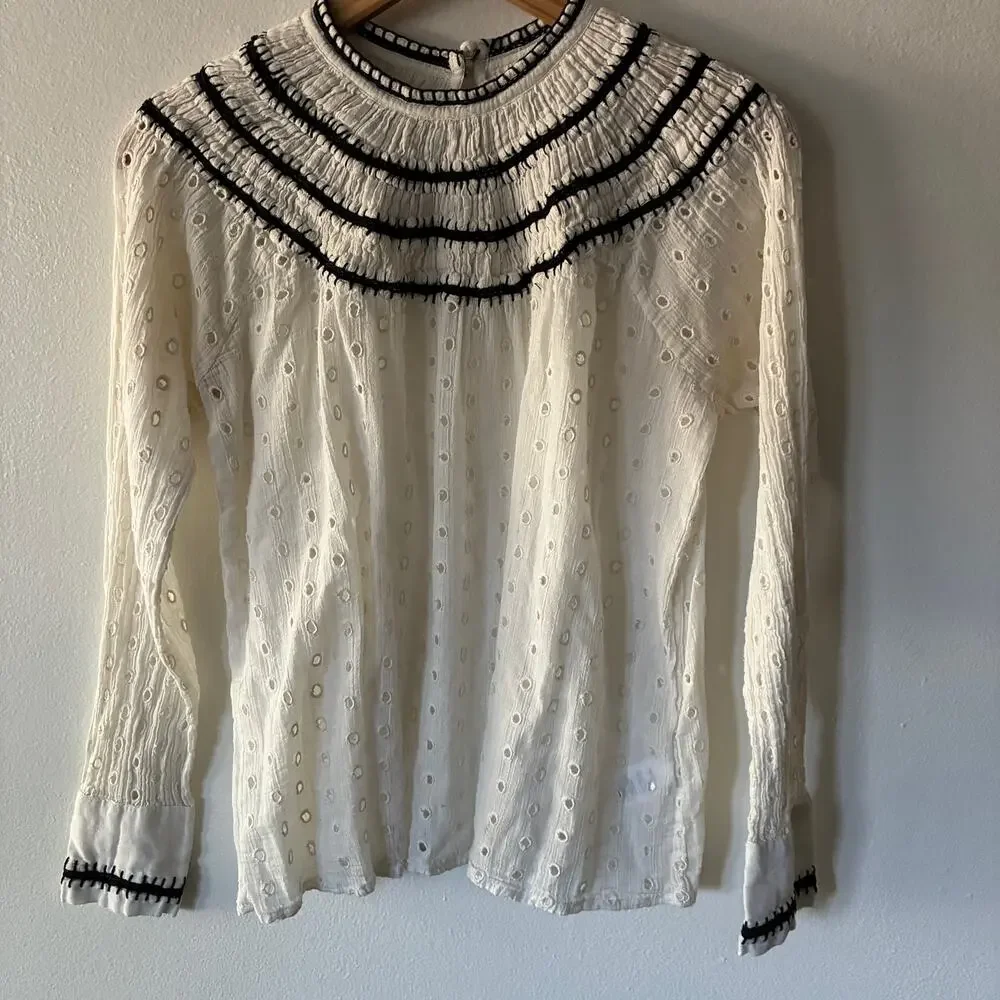 Lulus White Eyelet Cotton Blouse Black Trim Mock Neck Long Sleeve XS - Picture 1 of 12